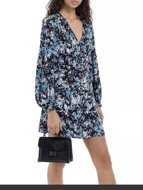 The Kooples Firework Silk Mini Dress Size  2 Blue Black Floral Button Front